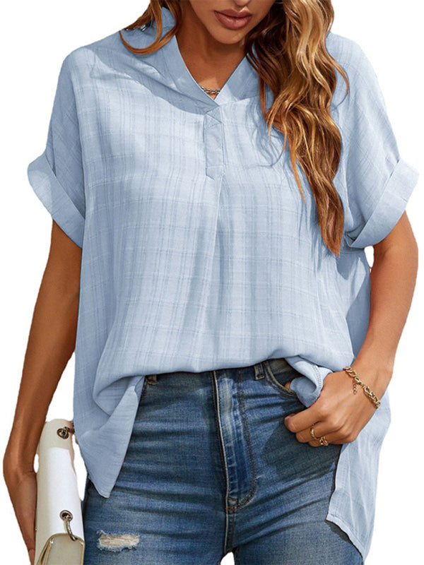 Women’s V-neck short-sleeved striped thin loose check shirt - Sky blue azure / S