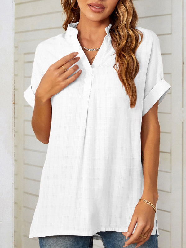 Women’s V-neck short-sleeved striped thin loose check shirt - White / S