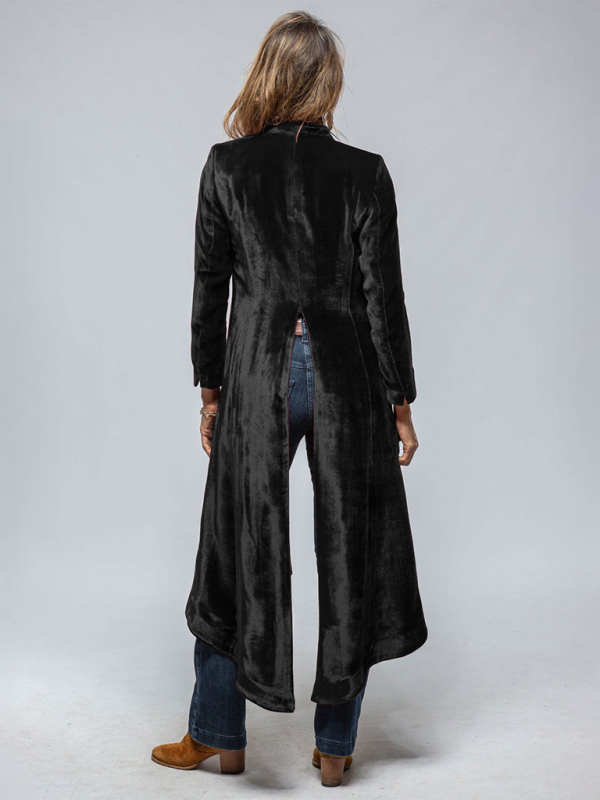 Women’s Velvet Long Cardigan Solid Color Vintage Split Jacket Trench Coat Loose Coat