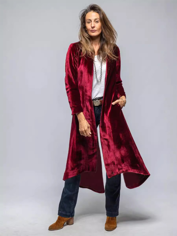 Women’s Velvet Long Cardigan Solid Color Vintage Split Jacket Trench Coat Loose Coat - Wine Red / S