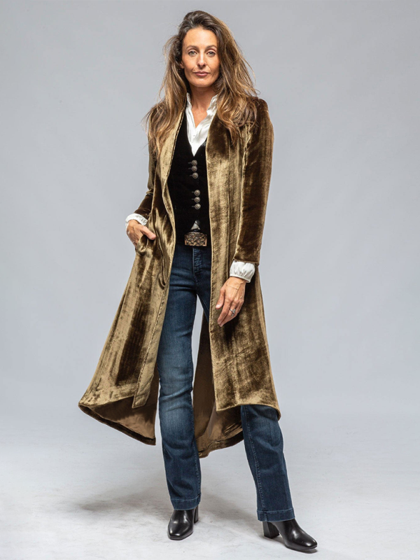 Women’s Velvet Long Cardigan Solid Color Vintage Split Jacket Trench Coat Loose Coat - Champagne / S
