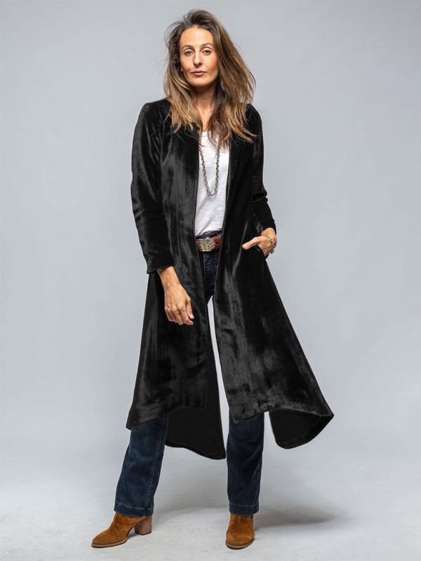 Women’s Velvet Long Cardigan Solid Color Vintage Split Jacket Trench Coat Loose Coat - Black / S