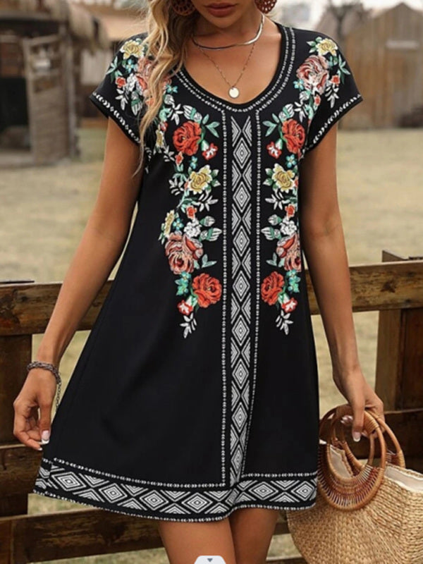 Women’s Vintage Floral Print Short Sleeve Casual Dress - Black / S