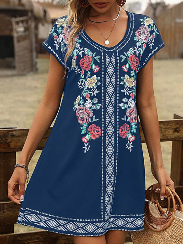 Women’s Vintage Floral Print Short Sleeve Casual Dress - Blue / S
