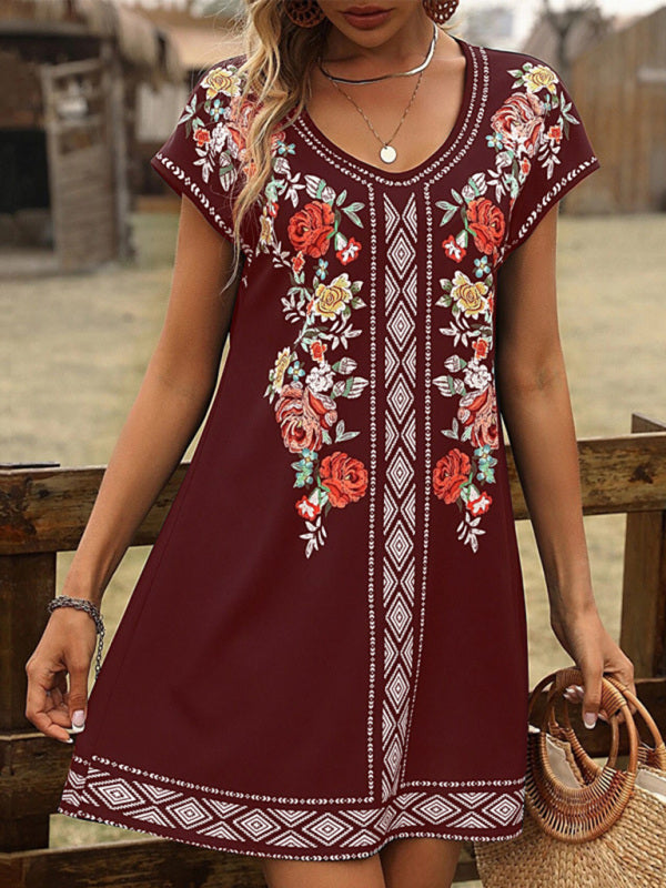 Women’s Vintage Floral Print Short Sleeve Casual Dress - Red / S