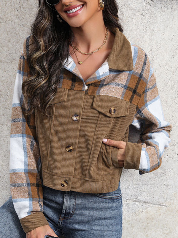 women’s vintage lapel patchwork cardigan jacket - Khaki / S