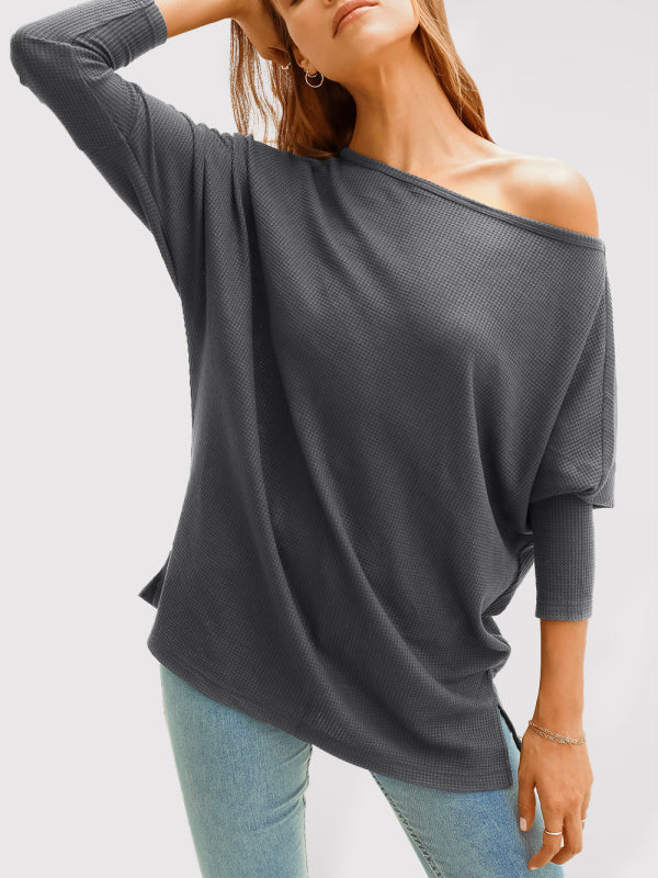 Women’s Waffle Solid Long Sleeve Knit Top - Grey / S