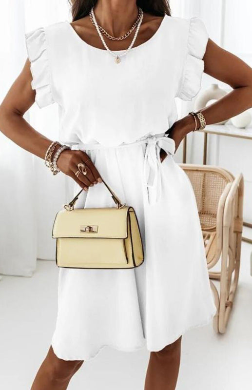 White ruffle sleeve dress with waist strap suitable for Women’s polyester short sleeve fashion