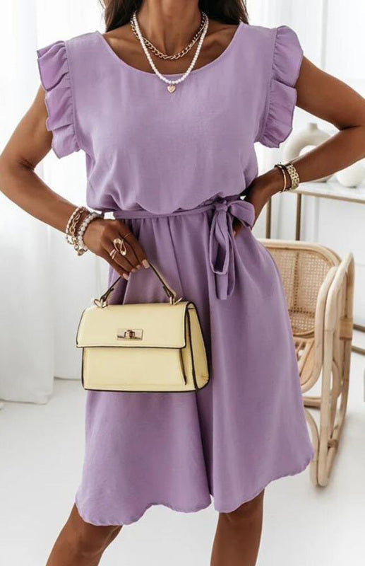 Lilac Women’s Waist Strap Short Sleeve Dress with Ruffle Sleeve Details in Polyester
