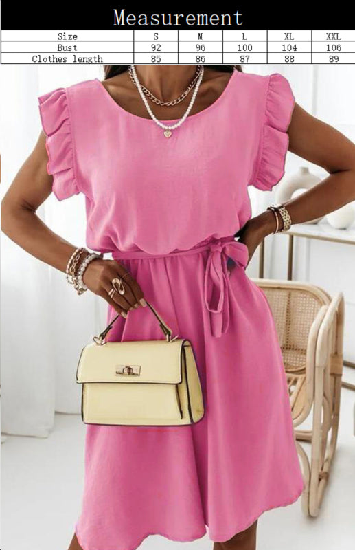 Pink women’s dress with ruffle sleeve, waist strap, and polyester short sleeves for elegant style