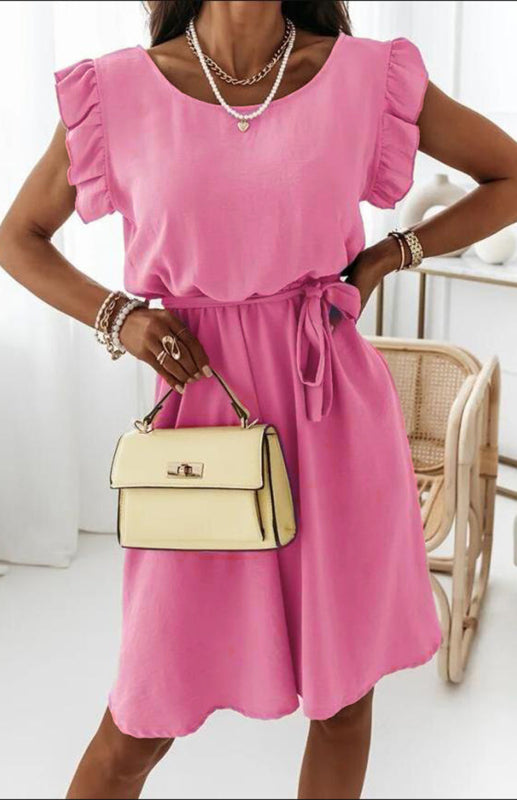 Pink ruffle sleeve dress with waist strap and polyester short sleeves for women
