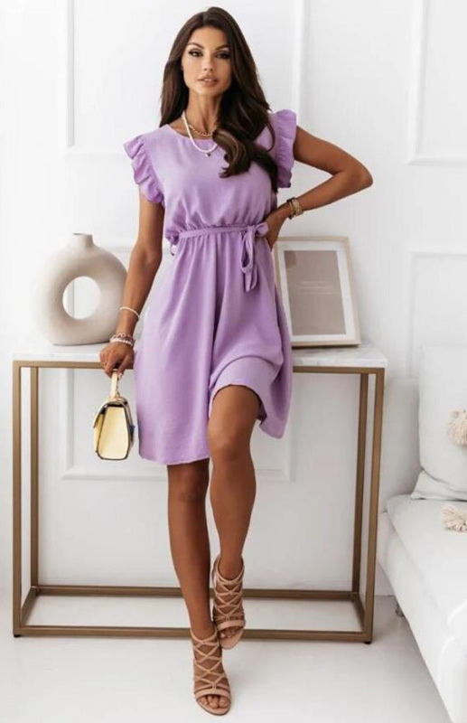 Lilac women’s waist strap dress with ruffle sleeve and polyester short sleeves
