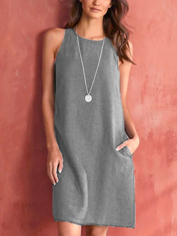 Women’s Woven Casual Cotton Linen Comfortable Round Neck Sleeveless Dress - Grey / S