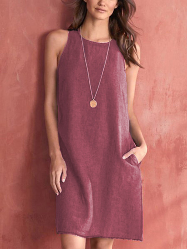 Women’s Woven Casual Cotton Linen Comfortable Round Neck Sleeveless Dress - Wine Red / S