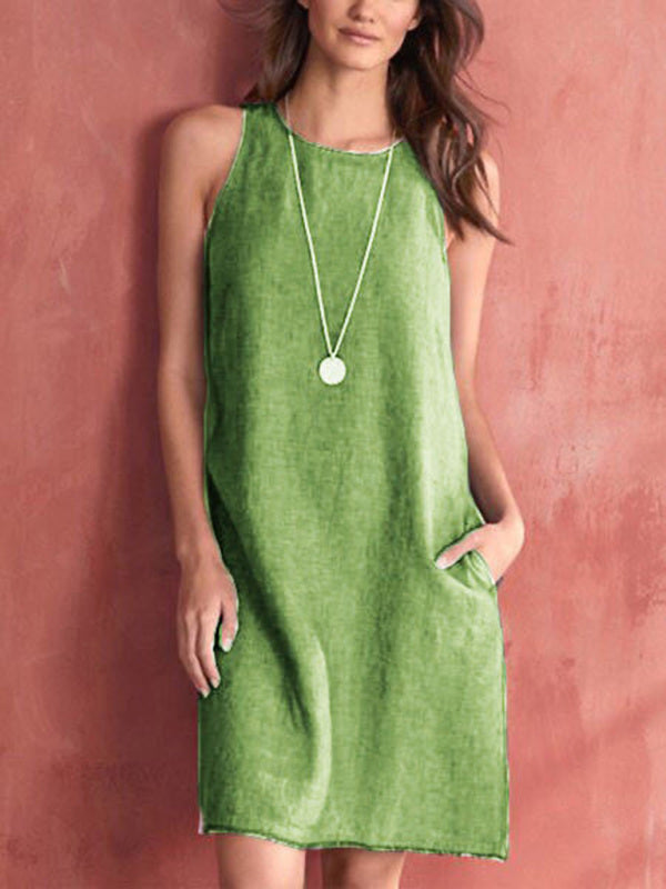 Women’s Woven Casual Cotton Linen Comfortable Round Neck Sleeveless Dress - Green / S