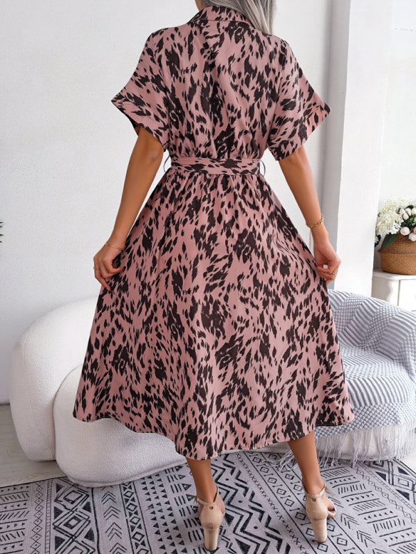 Women’s Woven Loose Leopard Print Tie Short Sleeve Shirt Dress