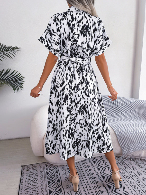 Women’s Woven Loose Leopard Print Tie Short Sleeve Shirt Dress