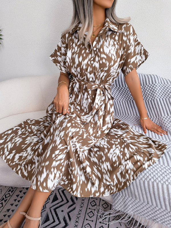 Women’s Woven Loose Leopard Print Tie Short Sleeve Shirt Dress