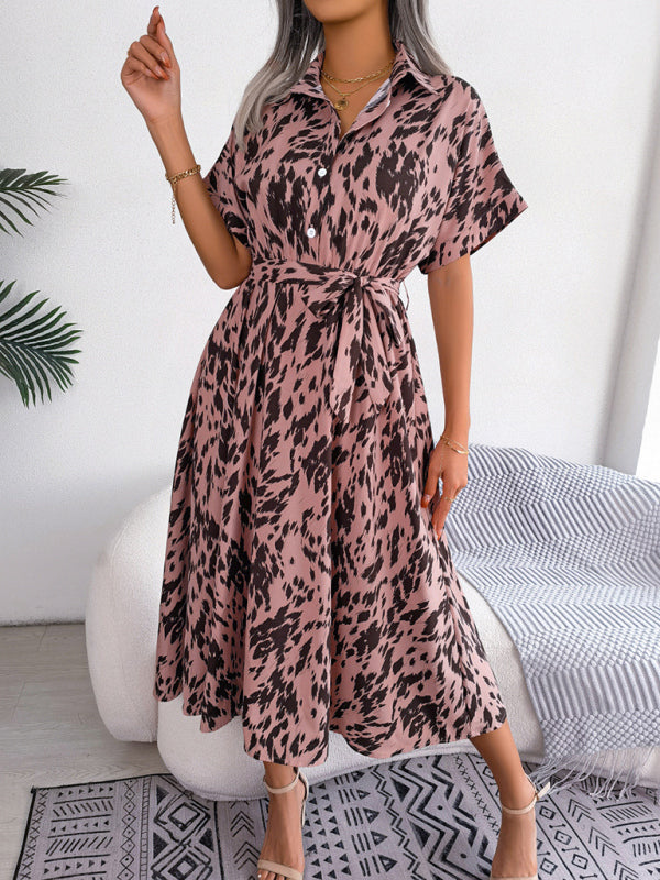 Women’s Woven Loose Leopard Print Tie Short Sleeve Shirt Dress