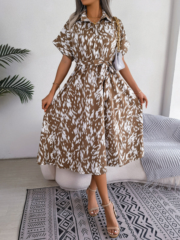 Women’s Woven Loose Leopard Print Tie Short Sleeve Shirt Dress - Khaki / S