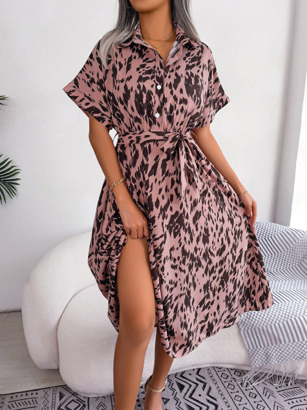 Women’s Woven Loose Leopard Print Tie Short Sleeve Shirt Dress - Pink / S