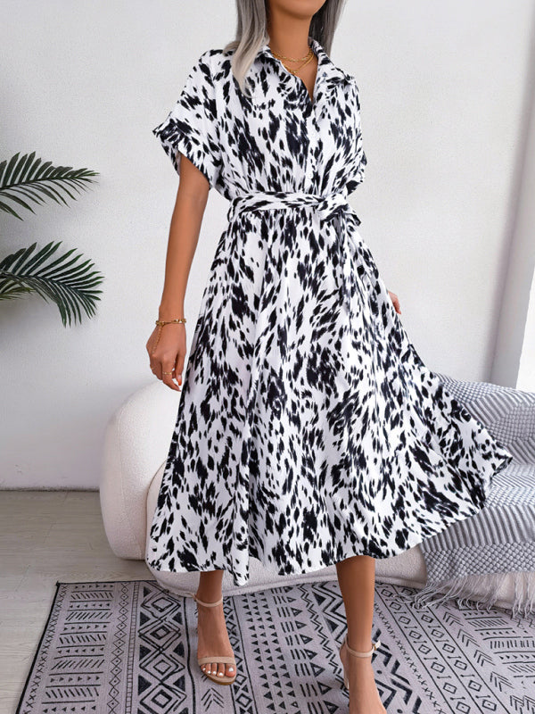 Women’s Woven Loose Leopard Print Tie Short Sleeve Shirt Dress - White / S