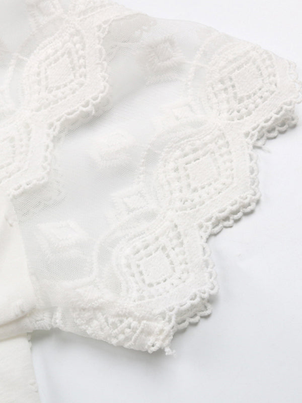 Women’s Woven Round Neck Lace Stitching Short Sleeve Shirt