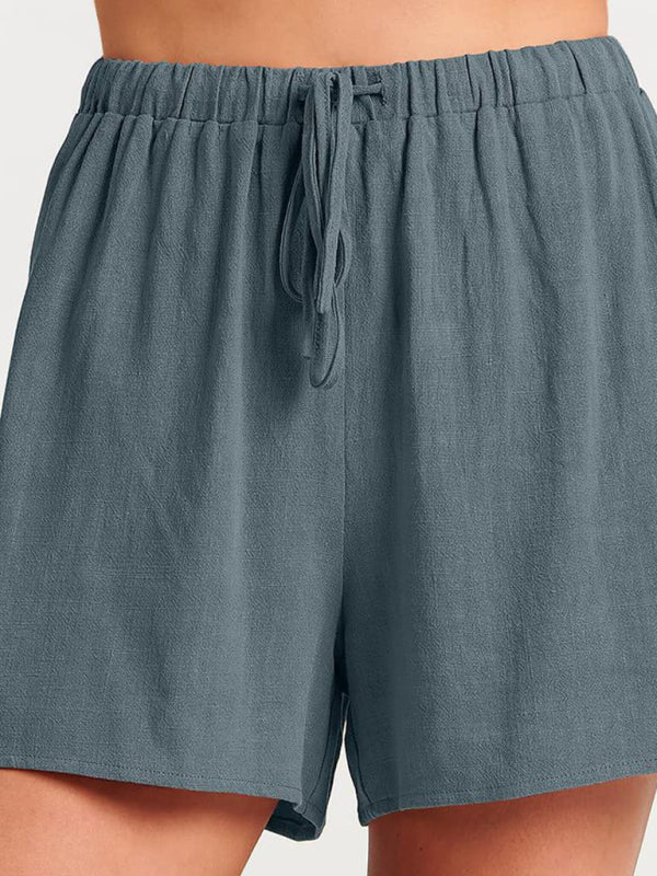 Women’s woven solid color sleeveless loose cotton linen top shorts two-piece set