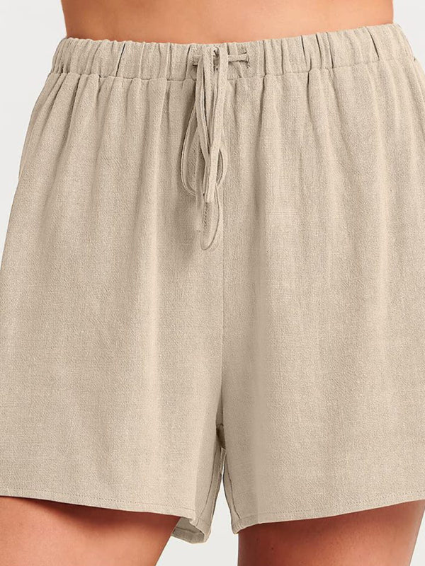 Women’s woven solid color sleeveless loose cotton linen top shorts two-piece set