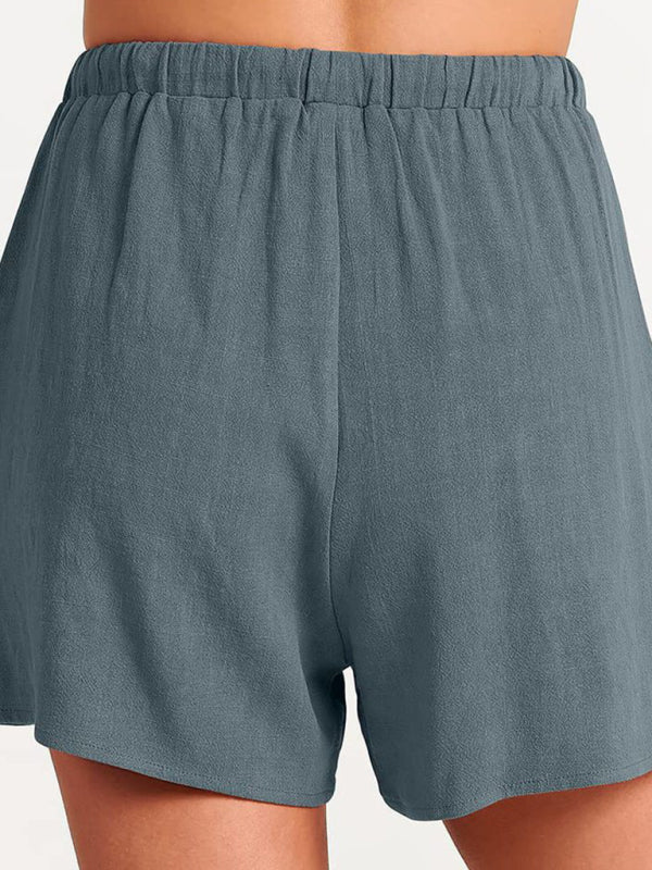 Women’s woven solid color sleeveless loose cotton linen top shorts two-piece set