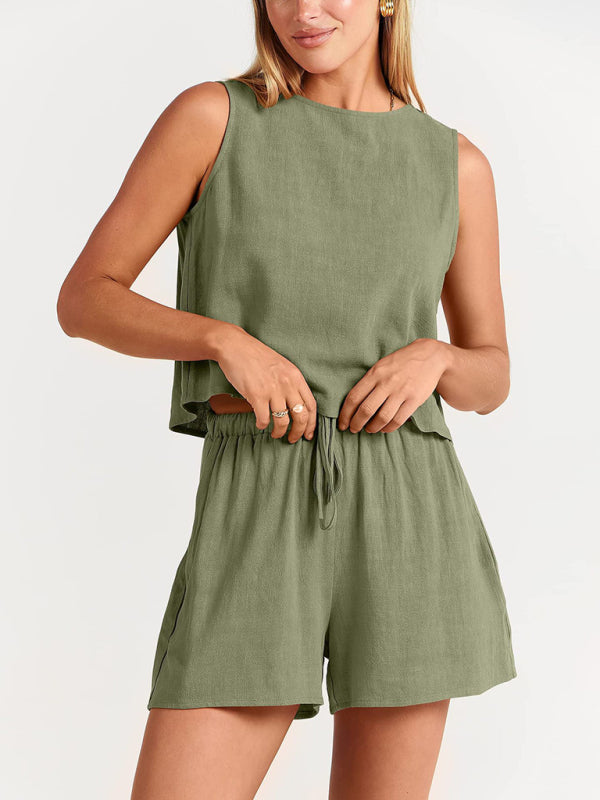Women’s woven solid color sleeveless loose cotton linen top shorts two-piece set - Olive green / S