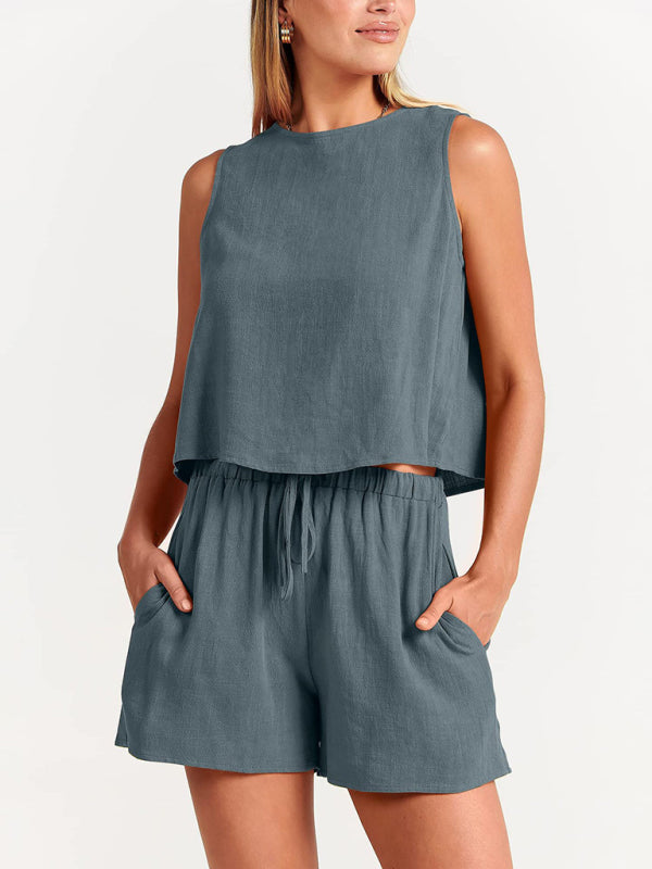 Women’s woven solid color sleeveless loose cotton linen top shorts two-piece set - Charcoal grey / S