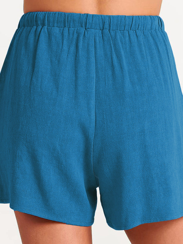 Women’s woven solid color sleeveless loose cotton linen top shorts two-piece set