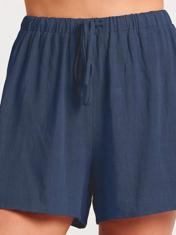 Women’s woven solid color sleeveless loose cotton linen top shorts two-piece set