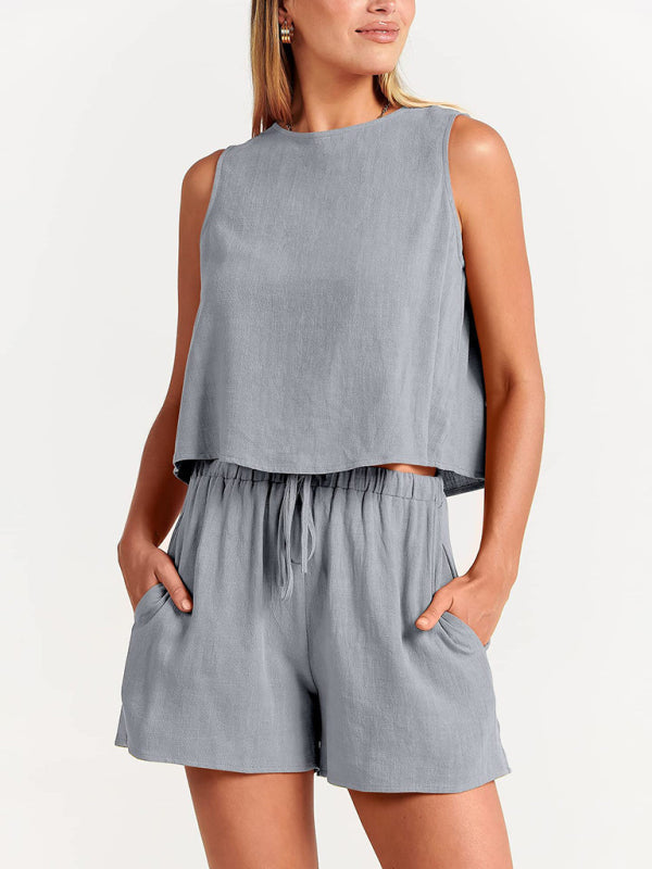 Women’s woven solid color sleeveless loose cotton linen top shorts two-piece set - Grey / S