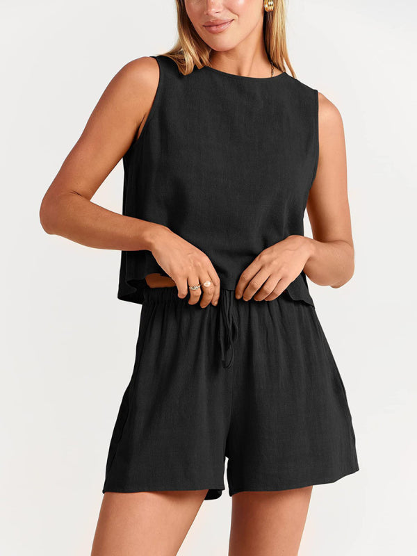 Women’s woven solid color sleeveless loose cotton linen top shorts two-piece set - Black / S