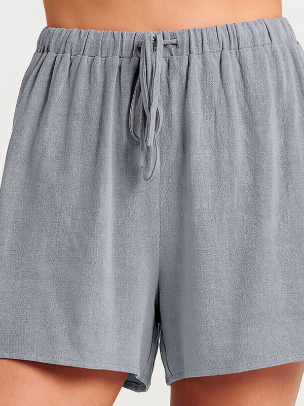 Women’s woven solid color sleeveless loose cotton linen top shorts two-piece set