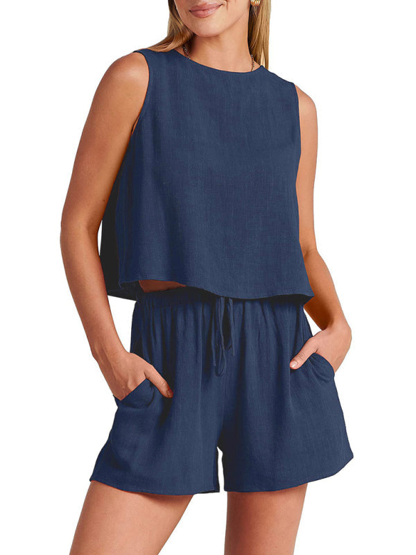 Women’s woven solid color sleeveless loose cotton linen top shorts two-piece set