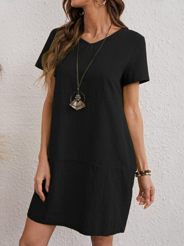 Women’s Woven Solid Color V-Neck Short Sleeve Dress - Black / S
