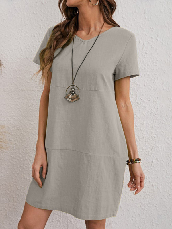 Women’s Woven Solid Color V-Neck Short Sleeve Dress - Khaki / S