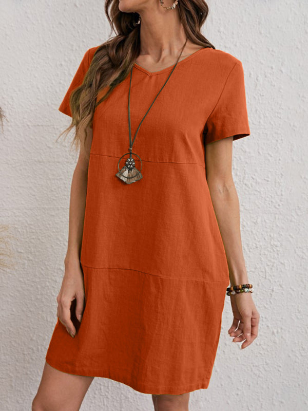 Women’s Woven Solid Color V-Neck Short Sleeve Dress - Orange Red / S