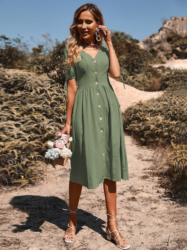 Women’s Woven V-neck Breasted A-line Short Sleeve Dress