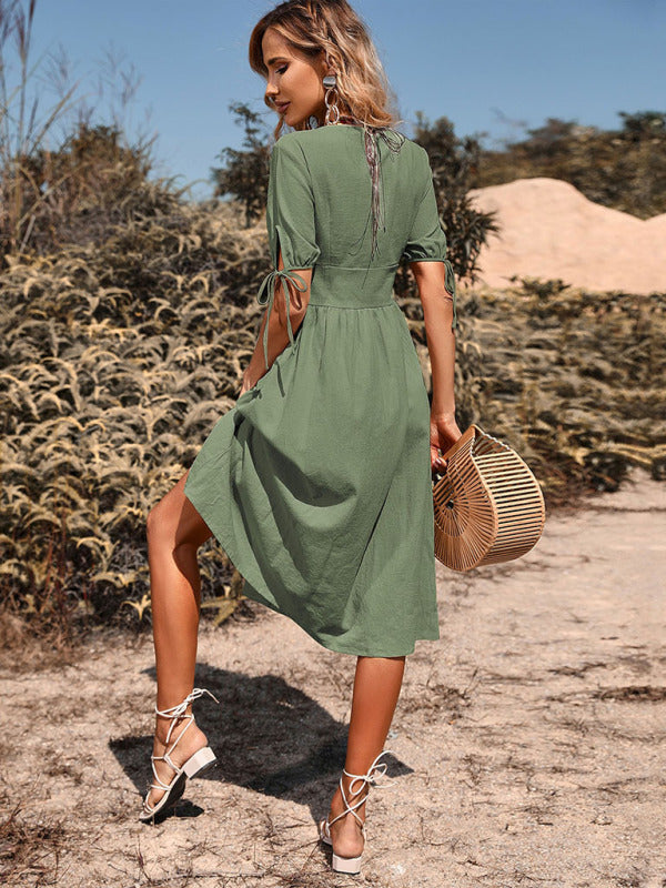 Women’s Woven V-neck Breasted A-line Short Sleeve Dress