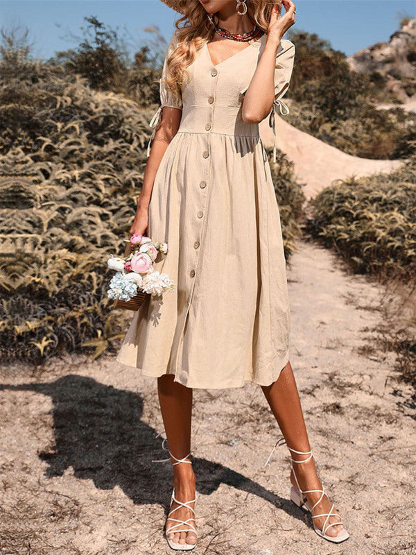 Women’s Woven V-neck Breasted A-line Short Sleeve Dress