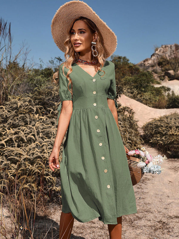 Women’s Woven V-neck Breasted A-line Short Sleeve Dress