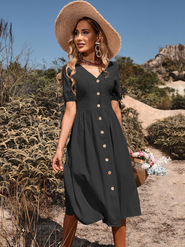 Women’s Woven V-neck Breasted A-line Short Sleeve Dress