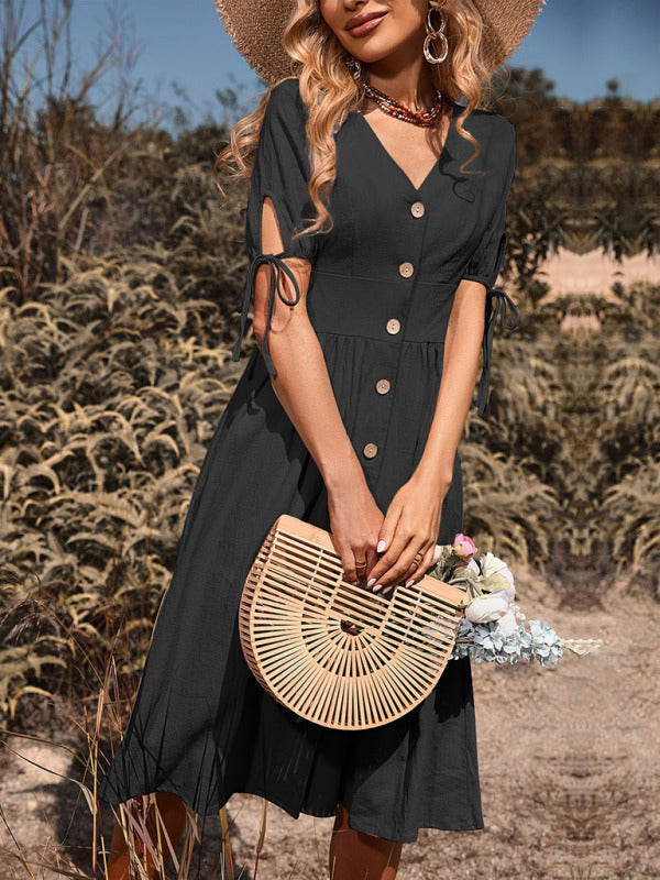 Women’s Woven V-neck Breasted A-line Short Sleeve Dress - Black / S