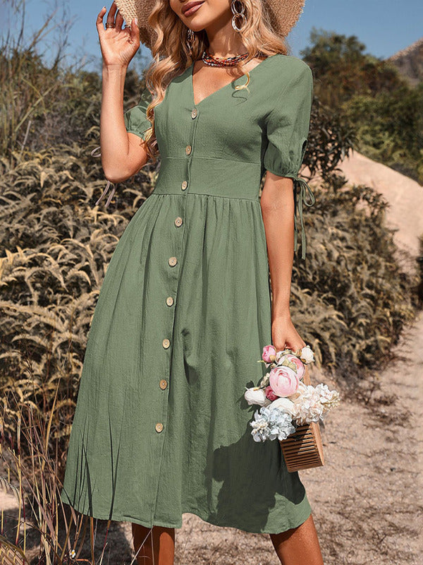 Women’s Woven V-neck Breasted A-line Short Sleeve Dress - Green / S