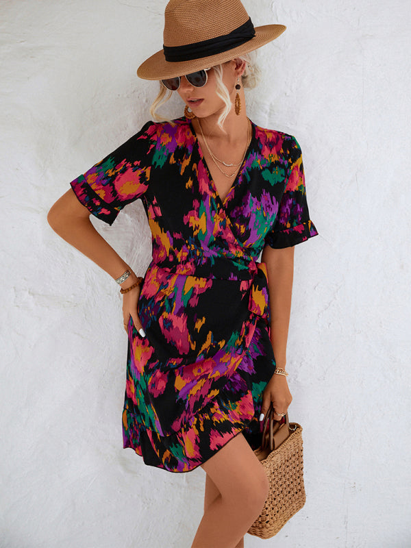 Women’s Woven V Neck Ruffle Wrap Short Sleeve Dress