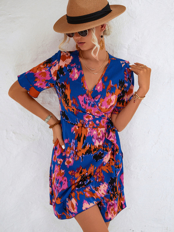 Women’s Woven V Neck Ruffle Wrap Short Sleeve Dress
